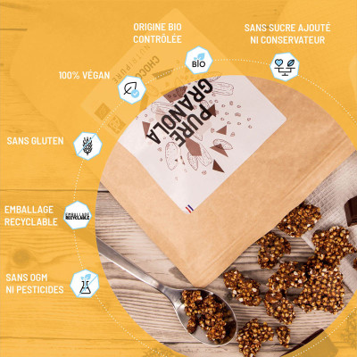 granola chocolat bio sans gluten, vegan sans conservateur sans ogm ni pesticides